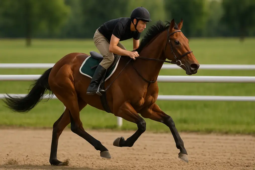 Galoppo in rettilineo con cavallo giovane: il dettaglio delle redini che pochi regolano